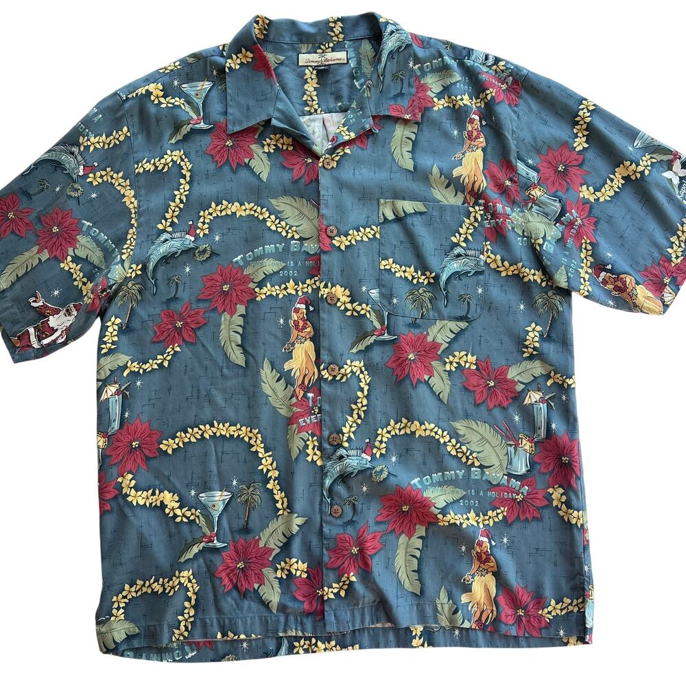 Vintage 2002 Tommy Bahama Silk Hawaiian Christmas Shirt Santa Hula XL Kapalua